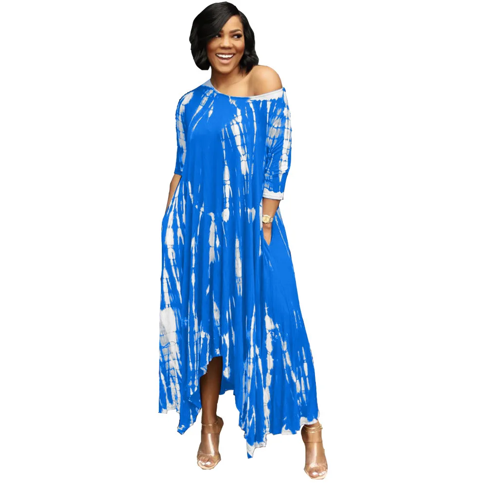 

Maxi Dress 2021 Summer Style European Fashion Tie-dye Printed One Word Collar Long Sleeved Dresses Female New Vestidos Mujer
