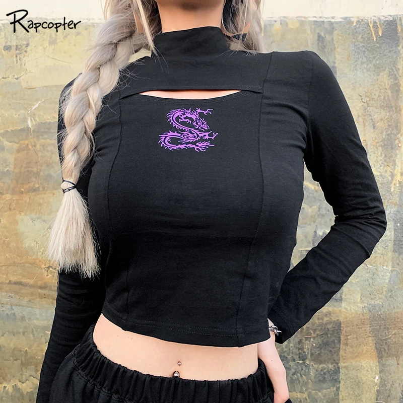 Rapcopter Выдалбливают женские Gethic модные футболки с длинным рукавом с принтом осенние укороченные топы тонкие Harajuku Хлопковые женские футболки