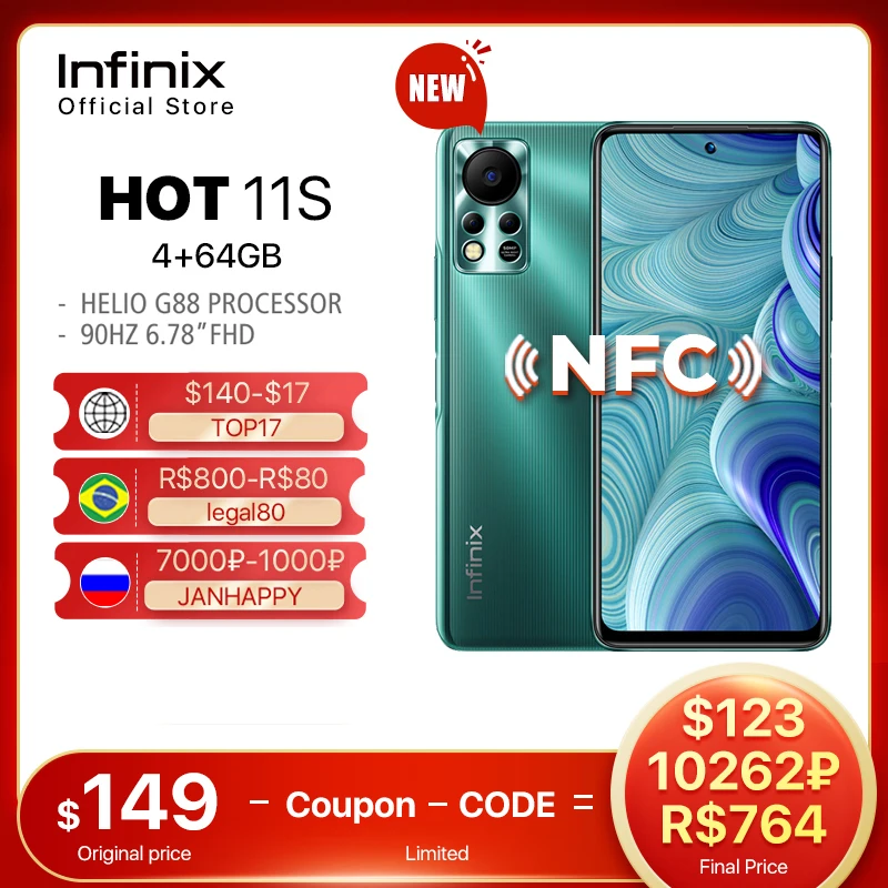 Global Version Infinix HOT 11S NFC 4GB 64GB 6.78" FHD Punching Display Smartphone Helio G88 50MP AI Rear Camera 5000mAh Battery
Global Version Infinix HOT 11S NFC 4GB 64GB 6.78" FHD Punching Display Smartphone Helio G88 50MP AI Rear Camera 5000mAh Battery