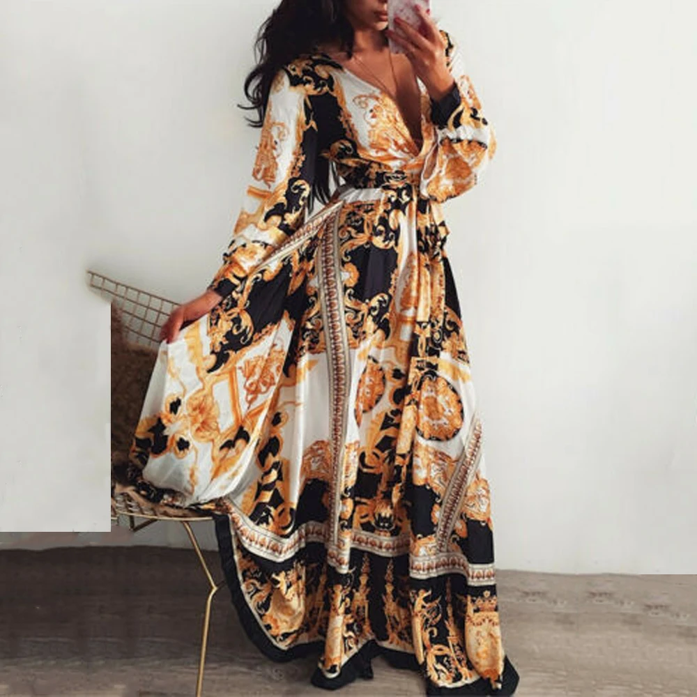 

Bohemian Maxi Dress Long Sleeve Belt Lace up Big Swing Vintage Plus Size Deep V Sexy Elegant Long Dresses For Women Party 2021