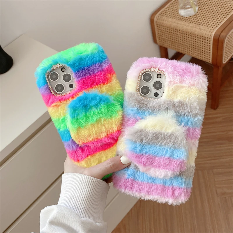 

Signalshin Fluffy Fur Rainbow Color Phone Case For iPhone 12 Mini SE XR XS 11 Pro MAX 6 7 8 Plus Plush Makeup Mirror Soft Cover