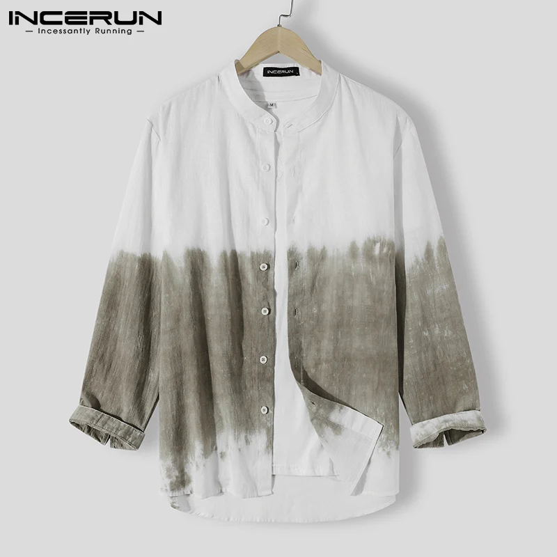 

2022 Men Casual Shirt Cotton Tie Dye Stand Collar 3/4 Sleeve Harajuku Streetwear Men Clothing Button Breathable Camisas INCERUN