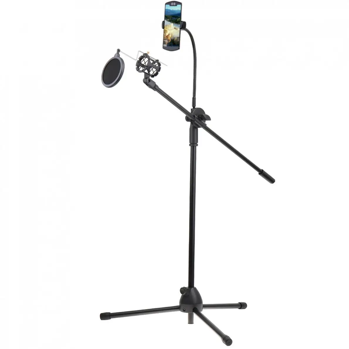 

Live Broadcast Gooseneck Cell Phone Holder Bracket Tripod with Microphone Stand and Pop Filter for Selfie Studio Vlog Video