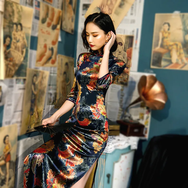 Шэн Коко размера плюс женская одежда велюр Cheongsam темно синий Традиционный