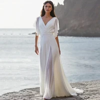 chiffon beach wedding dress a line puffy short sleeve v neck pleat simple lace appliques open back sweep train bride gown custom