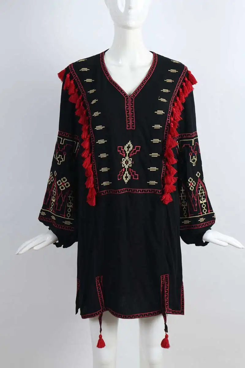 Boho Inspird женская блузка рубашка Ретро Народная украинская вышивка блузки в богемном стиле бахрома с кисточками Топ с длинным рукавом льняные блузы