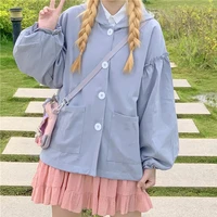 japanese soft girly sweet puff sleeve zip up hoodies kawaii cute solid top autumn y2k straight all match aesthetic costume