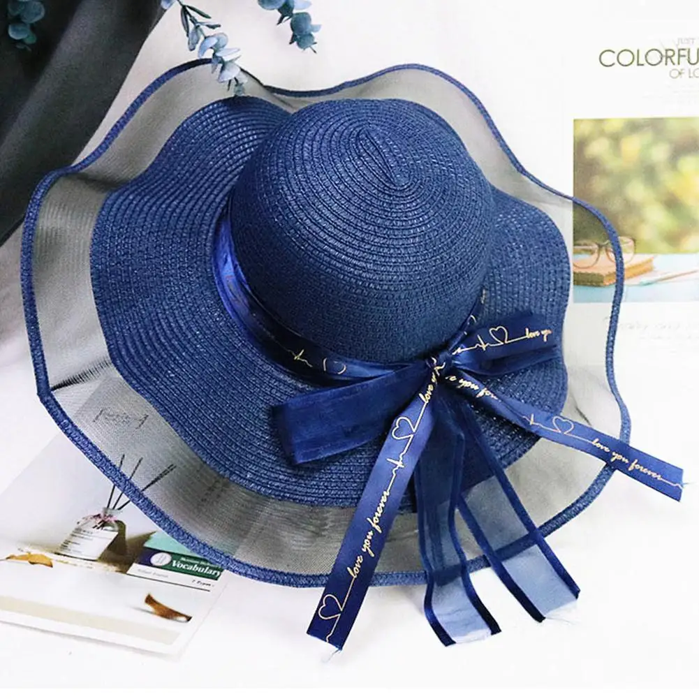 

Summer Women Sun Straw Hat With Lace Bowknot Beach Travel Big Brim UV Protection Outdoor Straw Cap For Women Girl