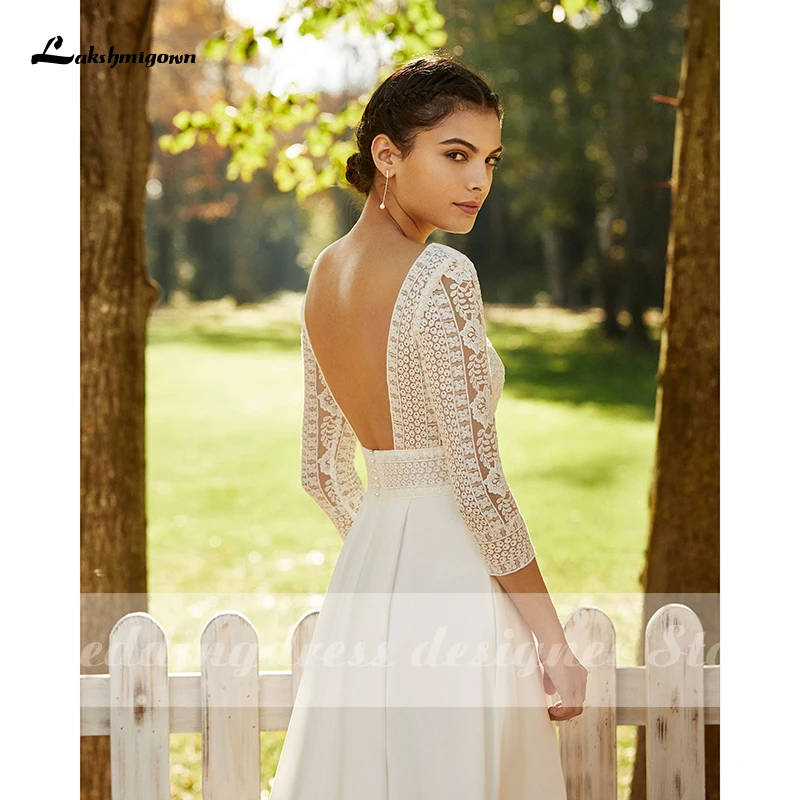 

Vintage Simple Long Sleeve Lace Wedding Dresses V-Neck A-Line 2021 vestido de novia Chiffon Bridal Gown Autumn Open Back