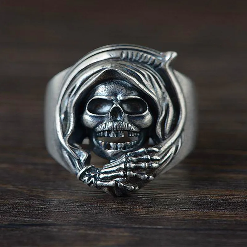 

S925 Silver Retro Men's Hollow Skull Domineering Ring Paw Open Style Silver Jewelry