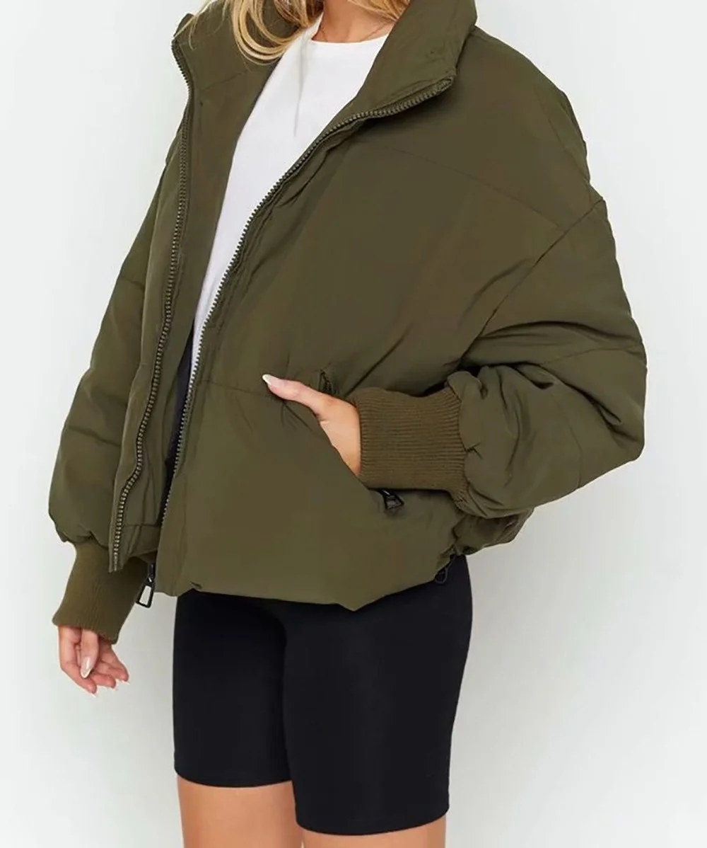 2021 Winter Women's Stand Collar Zipper Jacket Office Solid Pocket Cotton Short Coats Casual Long Sleeve Parka Female Outwear
