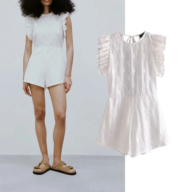 

Za Summer Women Jumpsuit 2021 Chic Fashion Playsuits Vintage Short Sleeve Casual Elastic Waist Female Jumpsuits Mujer