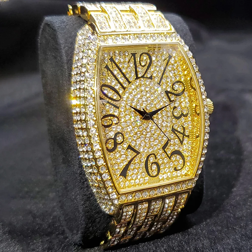 

Hip Hop Brand Fully Iced Out Diamonds Tonneau Mens Watch Gold Stainless Steel Fashion Luxury Waterproof Clocks Male Business Hot