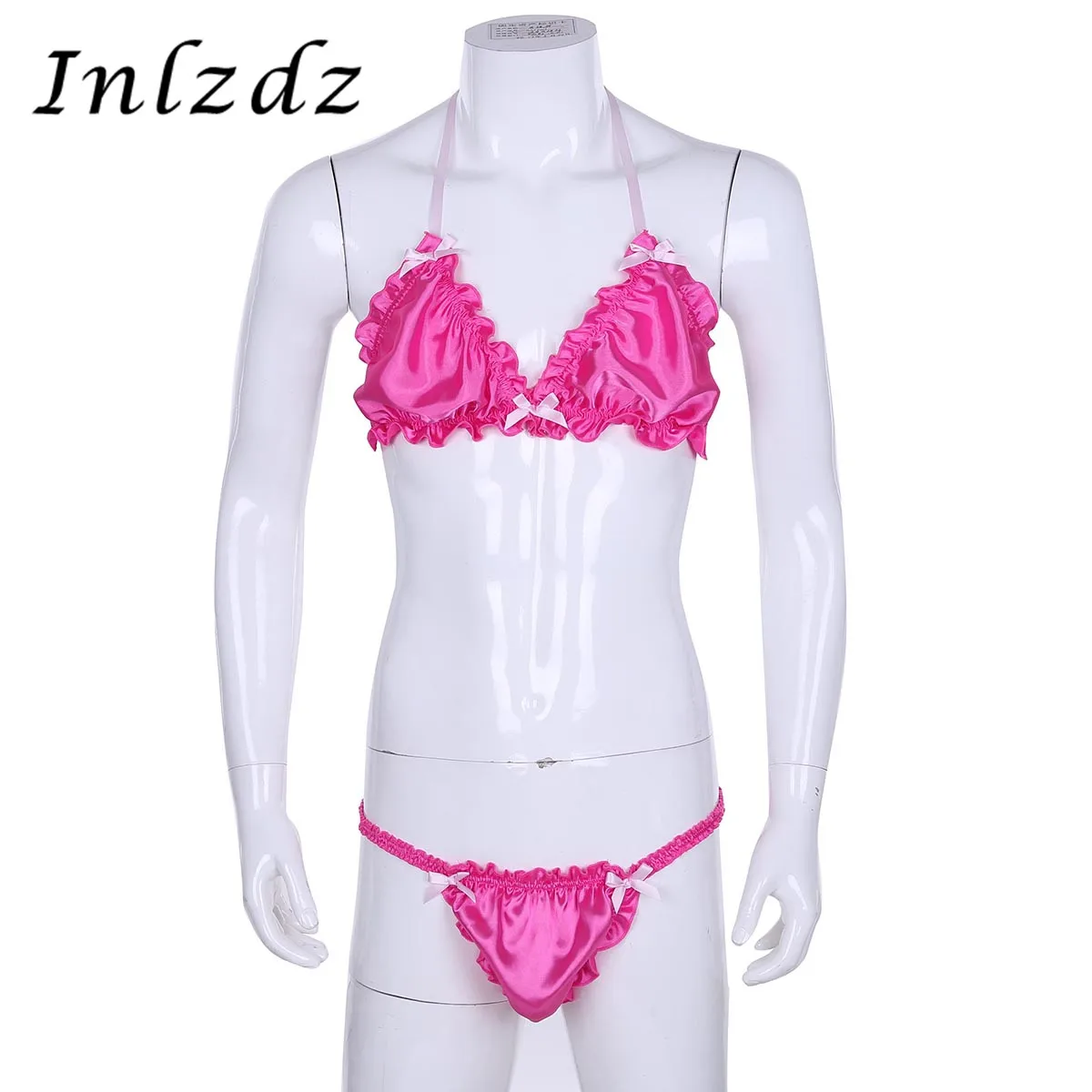 

Мужской трикотажный костюм-Трансвестит, блестящее нижнее белье с оборками и рюшами, комплект бикини на бретелях, бюстгальтер, топ с трусами,...