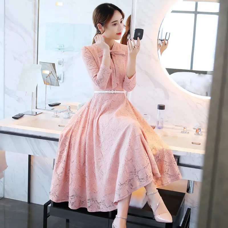 

Европейские женские платья, длинные платья из кружевной ткани с длинным рукавом и подкладкой, элегантное темпераментное женское платье