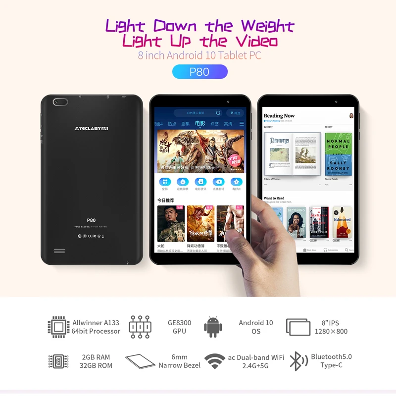 Teclast P80 8 дюймов Android 10 GE8300 1280x800 IPS четырехъядерный 2 Гб ОЗУ 32 ПЗУ две камеры Wifi