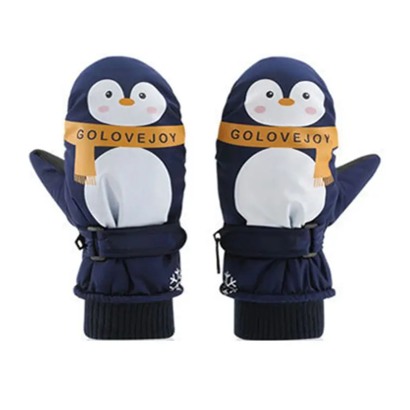 

Kids Boy Girl Cartoon Penguin Waterproof Gloves Double Layer Ribbed Cuff Adjustable Anti-Slip Winter Ski Windproof Mittens 7-12T
