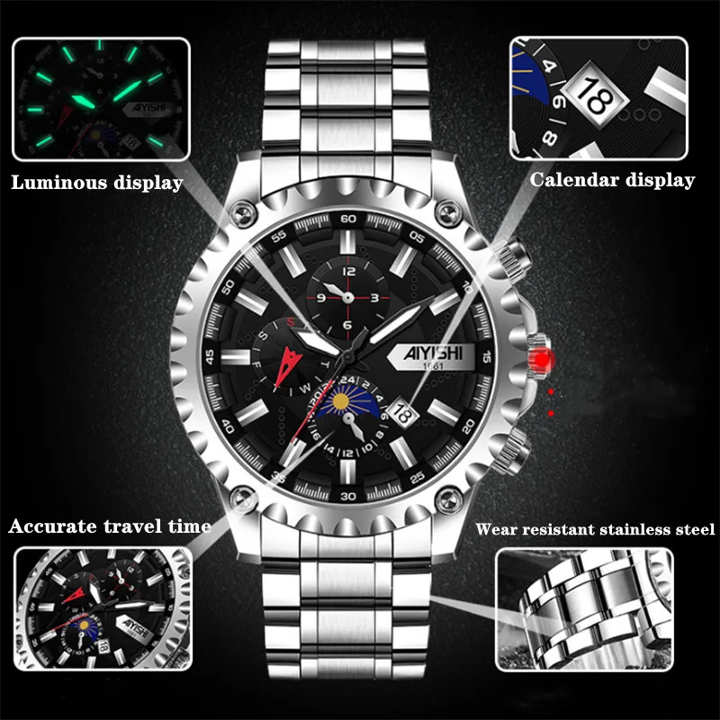 

2021 AIYISHI Series Brand Men's Fashion Quartz Watch, Date, Waterproof Automatic, Luminous Pointer, Stainless Steel Watch