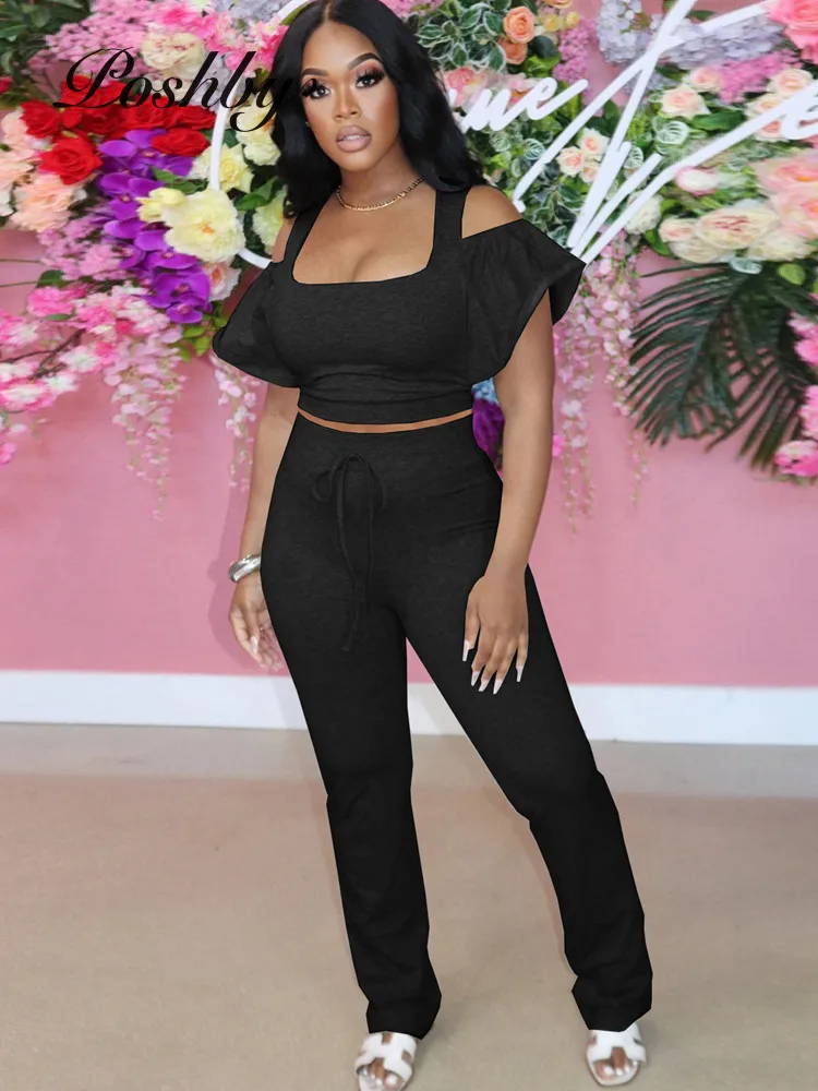 

Poshby Summer Solid Casual Suits Fashion Chic Short Sleeve Crop Tops and High Waist Pants 2 Pcs Sets 2021 Office Lady Streetwear