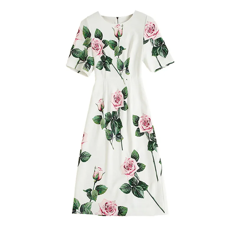 

Elegant Rose Flower Printed Dresses For Women 2020 Summer Runway Designer O-neck Short Sleeve A-line Midi Slim Dress