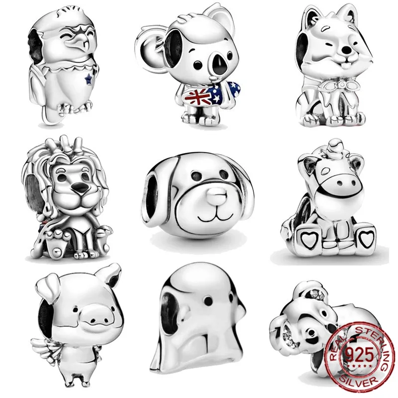 

Trendy 925 Sterling Silver Color Cartoon Animals Dog Lion Cat Eagle Cat Beads Fit Pandora Charm Bracelet DIY Jewelry For Women