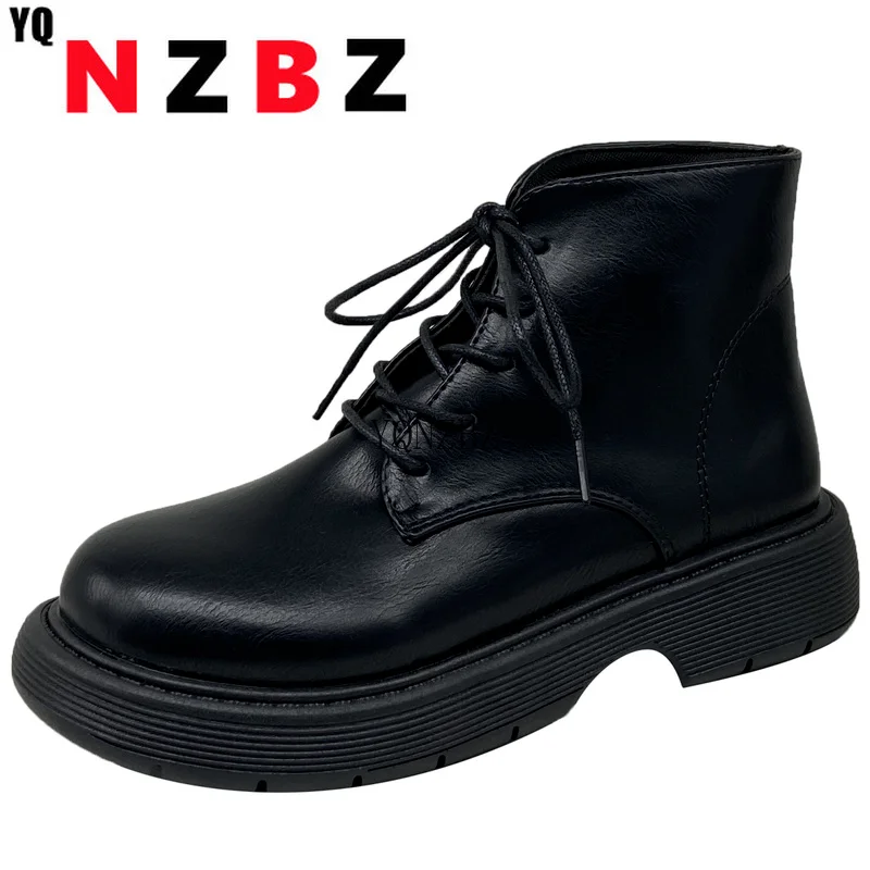 

2021 New Autumn Leather Ankle Boots Women New Cross-tied Flat with Women Shoes Lace-up Round Toe PU Black Martin Boots Female