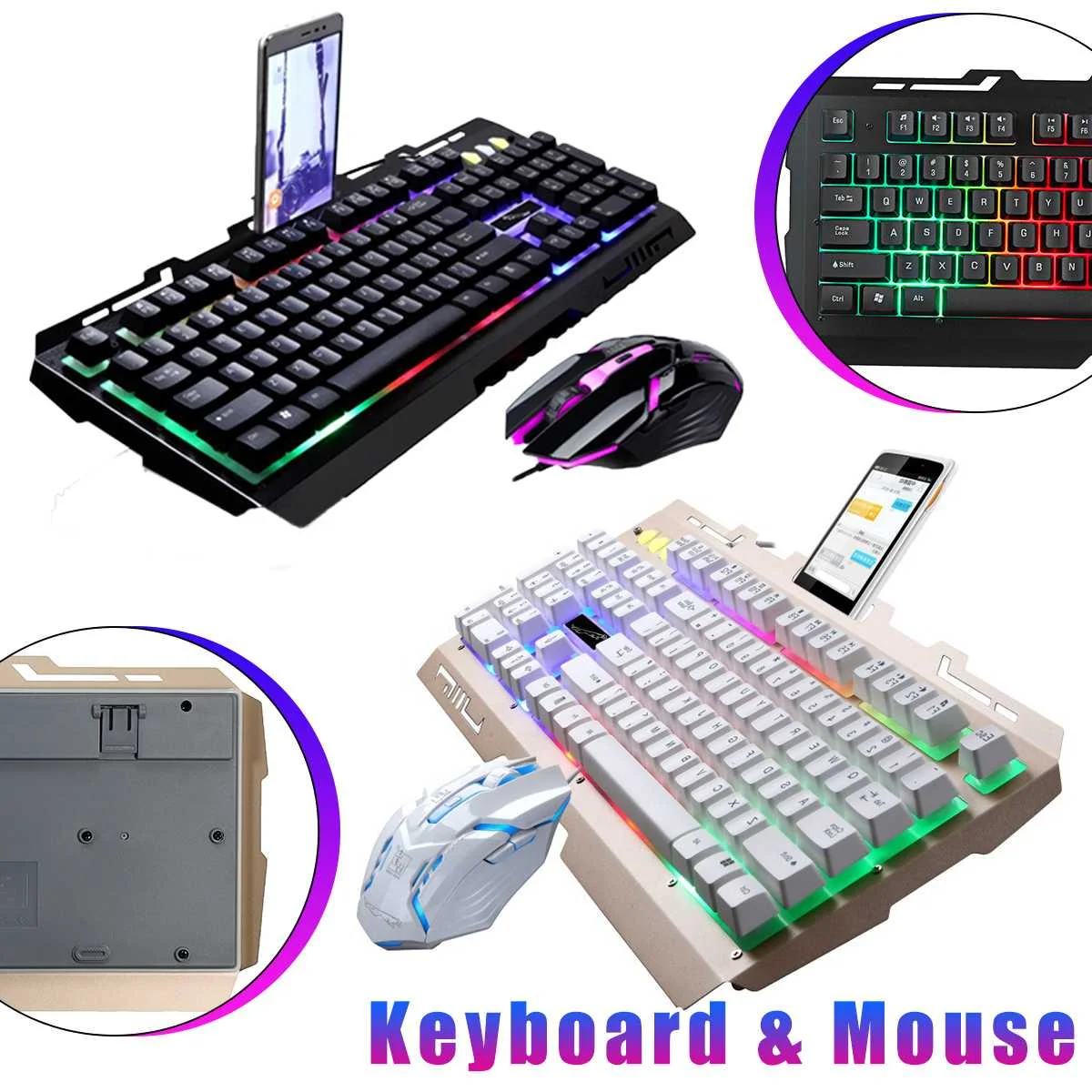 

Игровая клавиатура, клавиатура и мышь с RGB подсветкой, клавиши USB 104, металлическая панель, проводная эргономичная клавиатура для ПК и ноутбу...