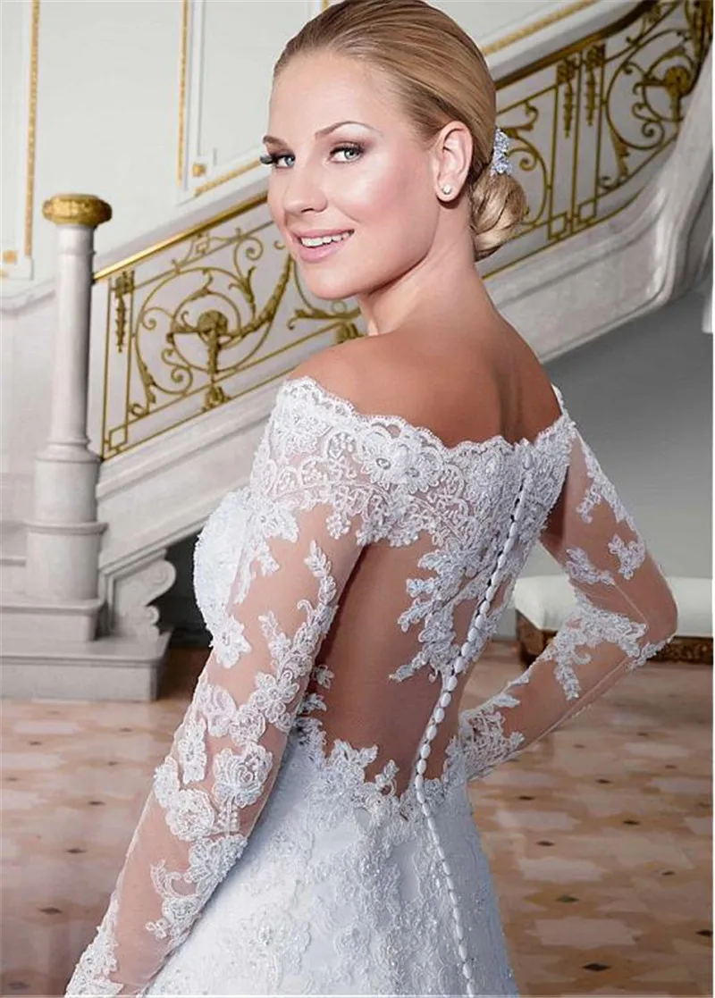 Женское свадебное платье с длинным рукавом кружевной аппликацией и пуговицами