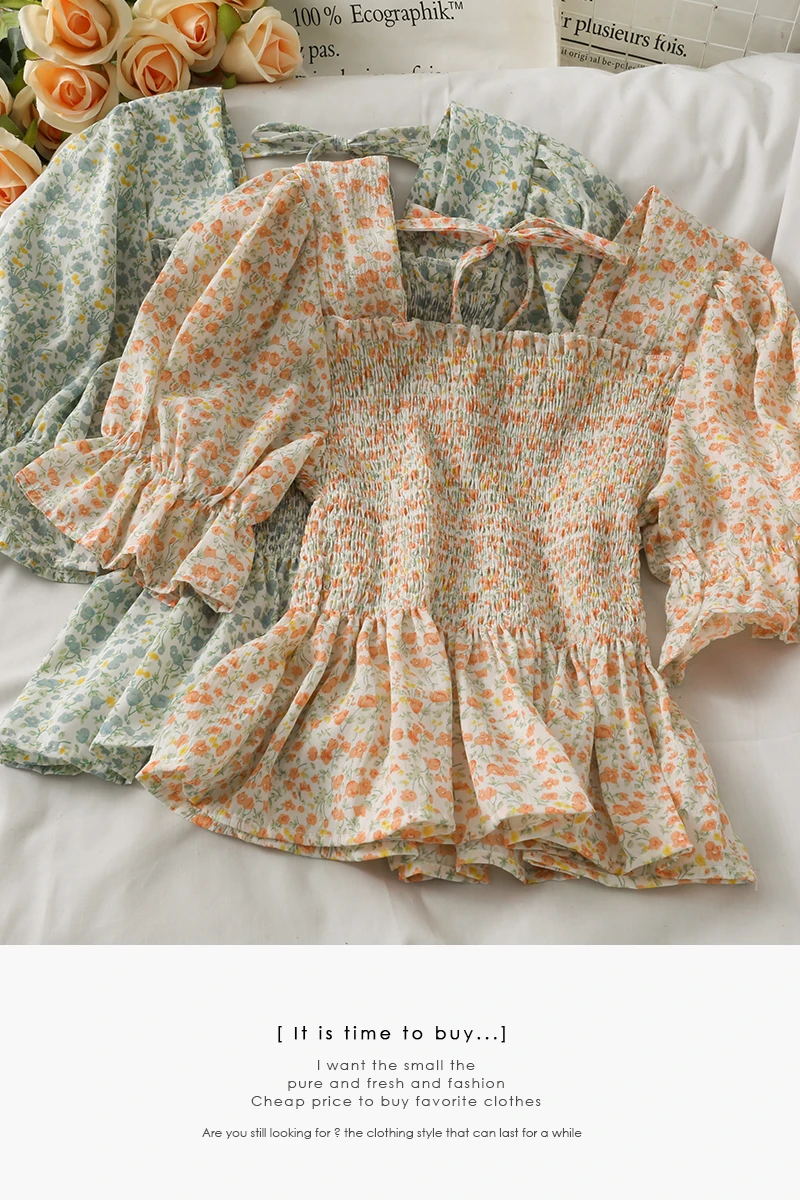 

2021 Summer square collar lace-up ruffled girls shirt women bustier top