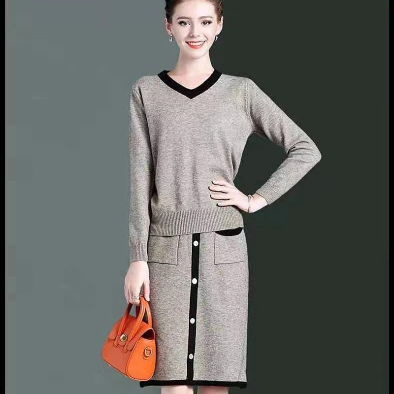 

Office ladies Korea chic knitted suit women skirt set Spring autumn knitted suit 2 piece set Elegant top and skirt