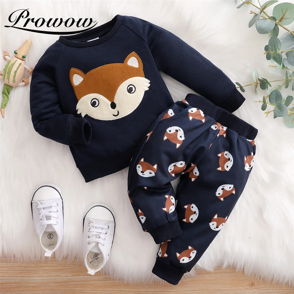Fox Printed Baby Boys Clothes Set Winter Warm Kids Toddler Costume Cartoon Top+Pant 2021 Cute Children's Clothing Outfits