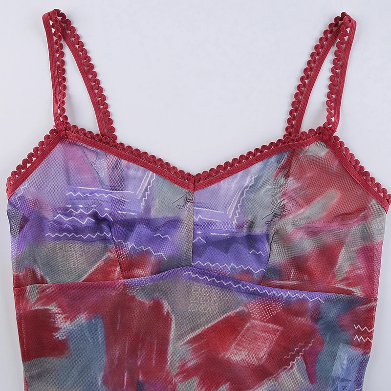 

IAMSURE See Through Mesh Top Sexy Slim Lace Trim Sleeveless Crop Top Printed V-Neck Spaghetti Strap Tank Tops Women 2021 Casual