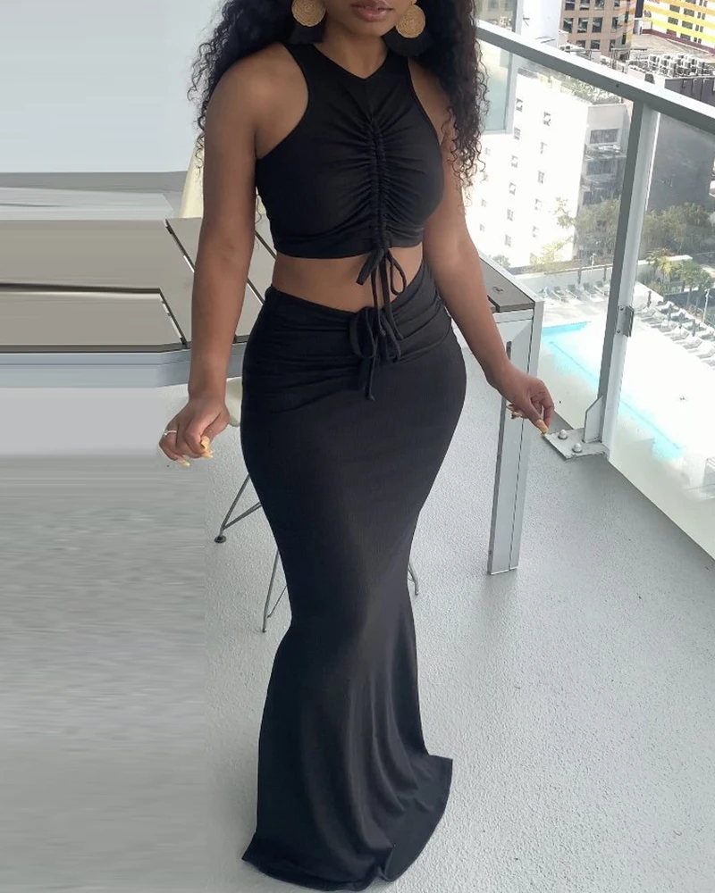 

Женский комплект из 2 предметов, пикантный укороченный топ без рукавов и обтягивающая юбка макси с рюшами на шнуровке в рубчик, 2021