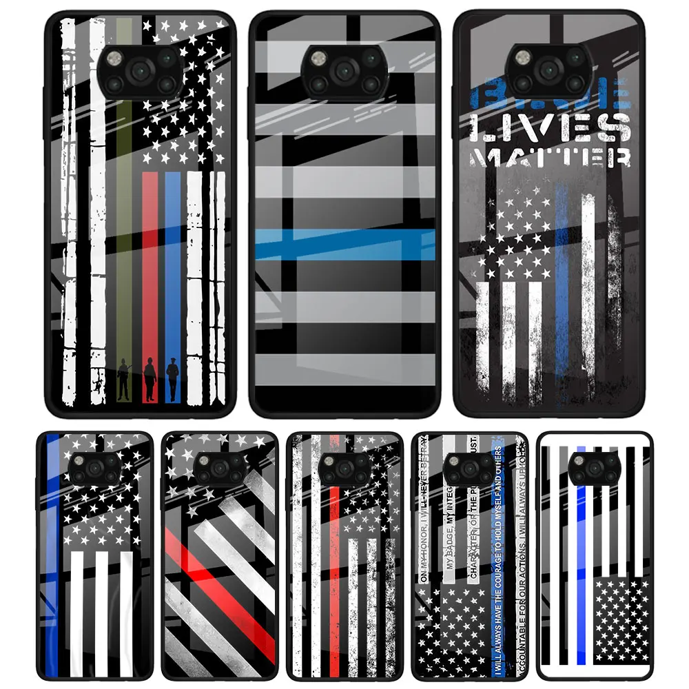 

Blue Line American US Flag for Xiaomi Poco X3 NFC F3 M2 F3 F2 X2 X3 Pro Redmi Note 8 9 10 Pro 8T 9T 9S Tempered Glass Phone Case