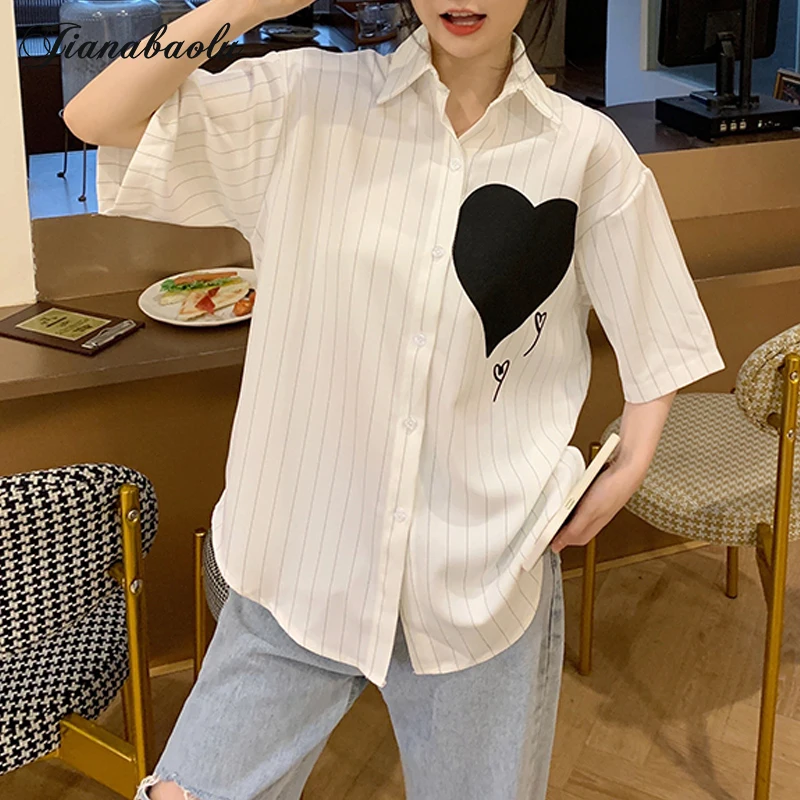 

Shirt Women Short Sleeve blouses Striped Love BF Oversized Loose Collar College Style Simple Shirts Harajuku 2022 Summer Tops