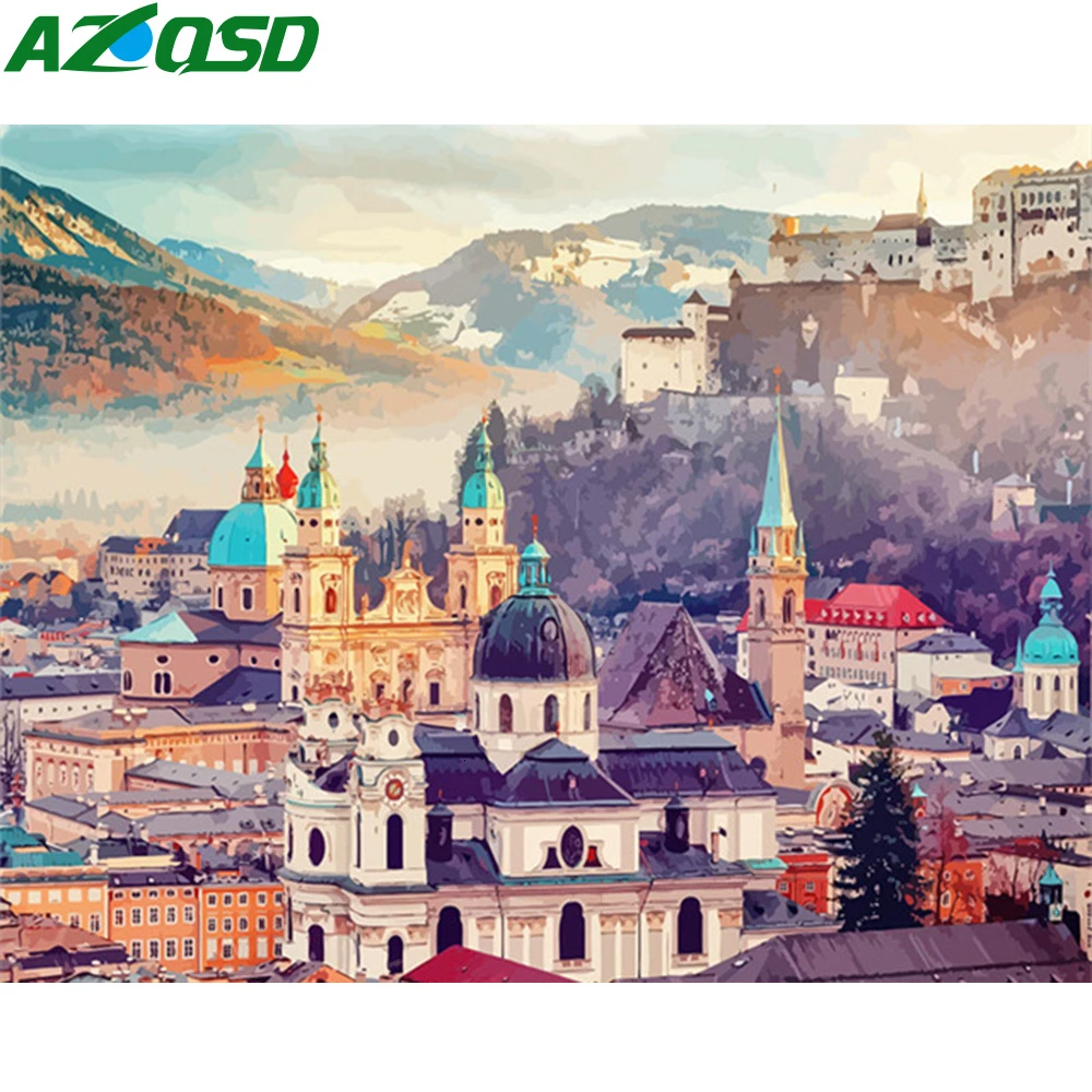 AZQSD DIY Краска по номерам пейзаж 50x40 см ручная работа подарок городская масляная