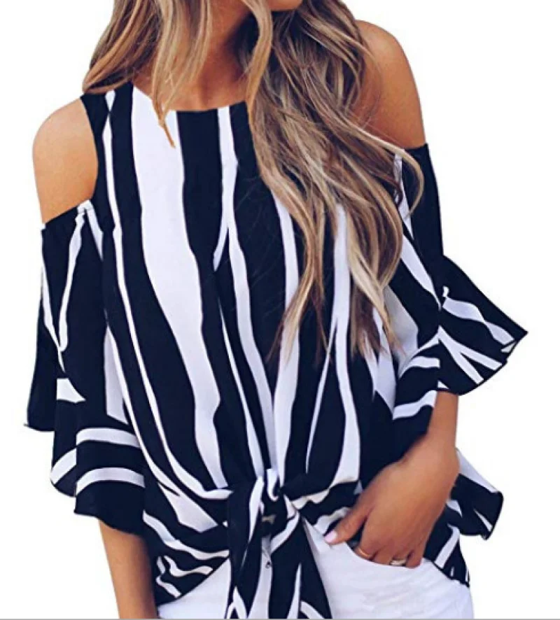 

Y2K New Summer Women's Fashion Casual Shoulder Stripe Printed Chiffon Trumpet Sleeve Loose T-shirt Shirt Tops Plus size XS-5XL