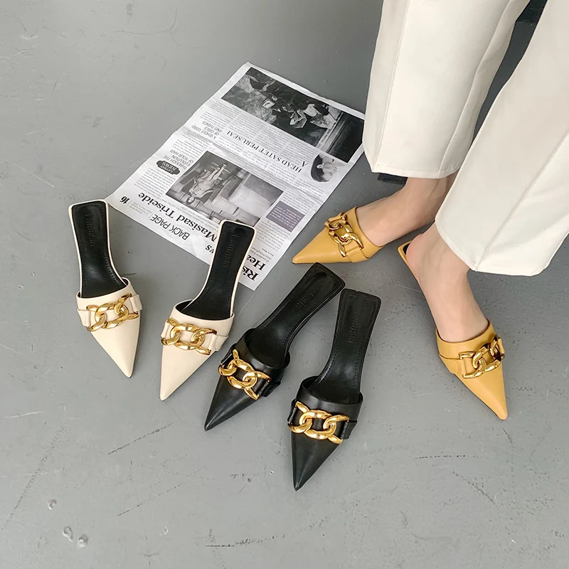 

Pointed Toe Women Slippers Shallow Slip On Slides Thin Low Heels Black/Beige/Yellow Casual Summer Slides Elegant Metal Chain