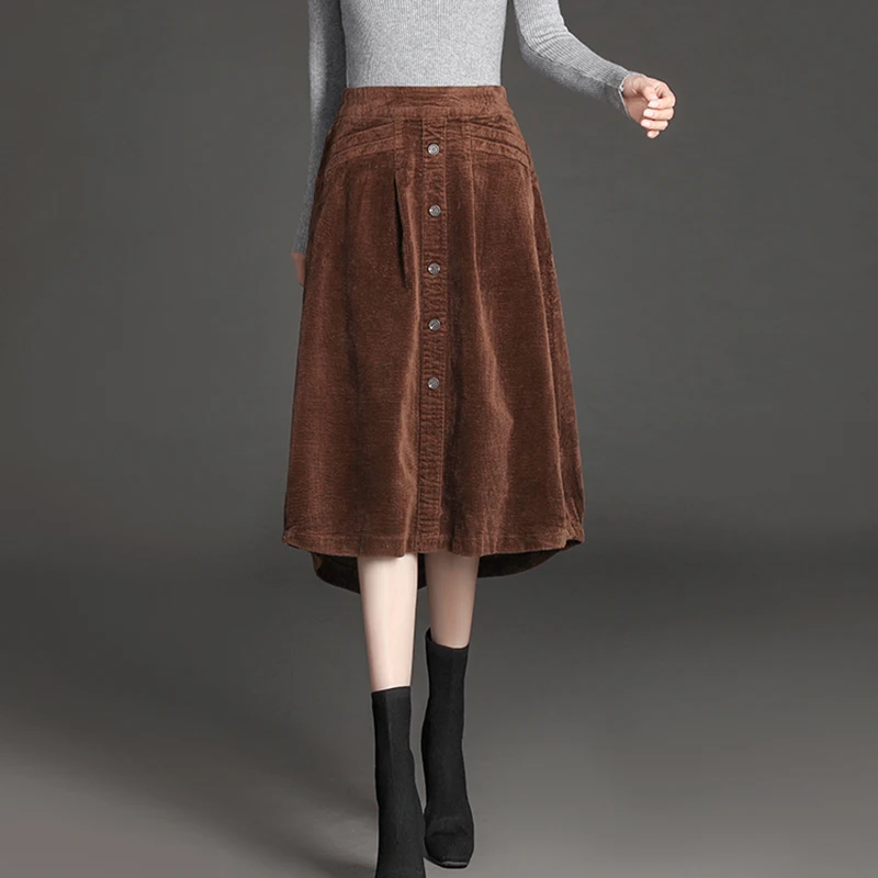 

Winter Elegant Vintage Corduroy Skirts Womens Winter Fashion Single Breasted Lantern Long Skirt For Women larger Size Bottoms