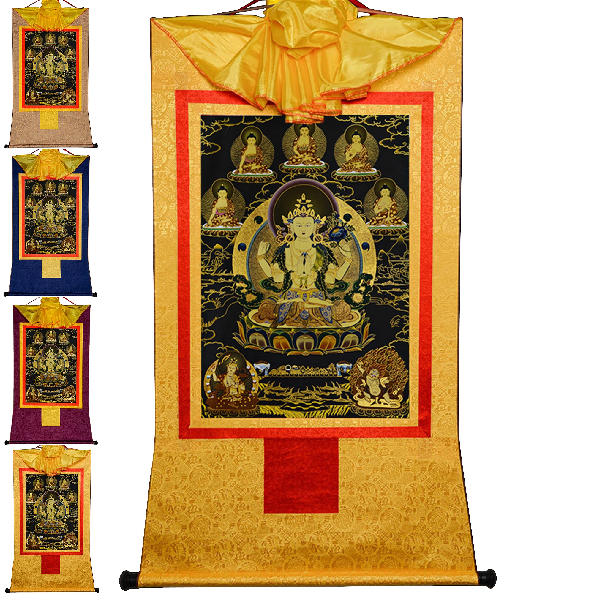

Gandhanra Тибетский тангка Рисование искусства, Chenrezig четыре руки Падмапани, Avalokitesvara, буддийский гобелен настенное искусство с прокруткой