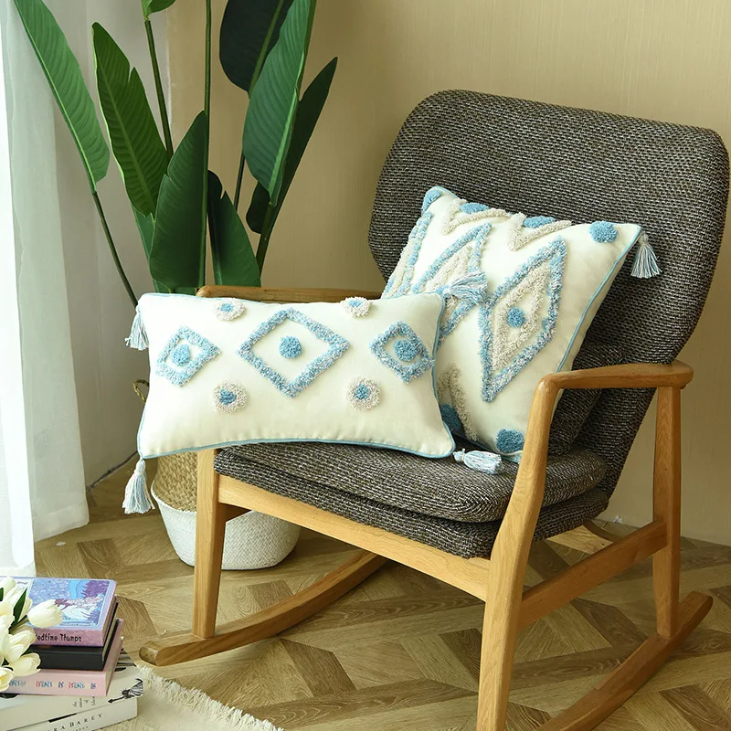 В богемном стиле Стиль подушка крышка белого и голубого цвета наволочка с