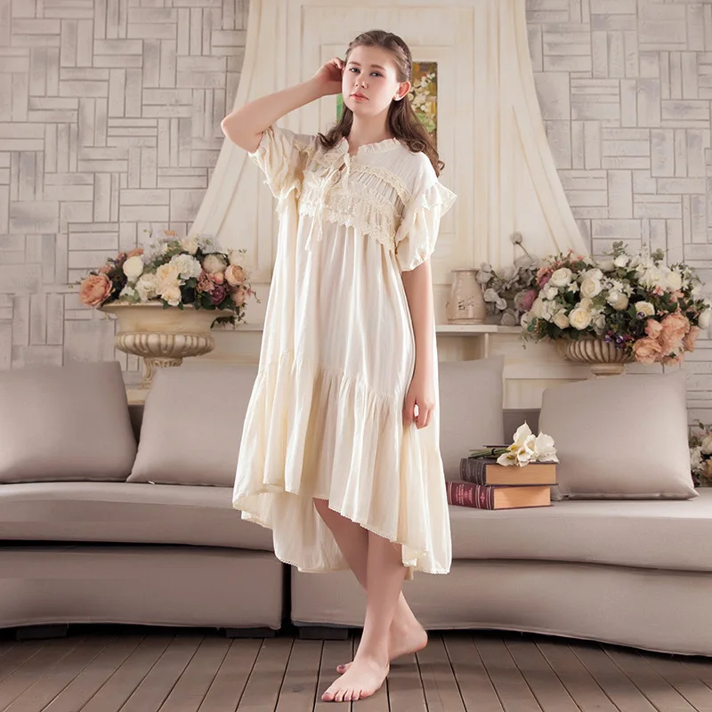 

Summer Korean style short sleeve nightdress female lace cotton sleepwear irregular hem cute princess plus size pajamas y1031