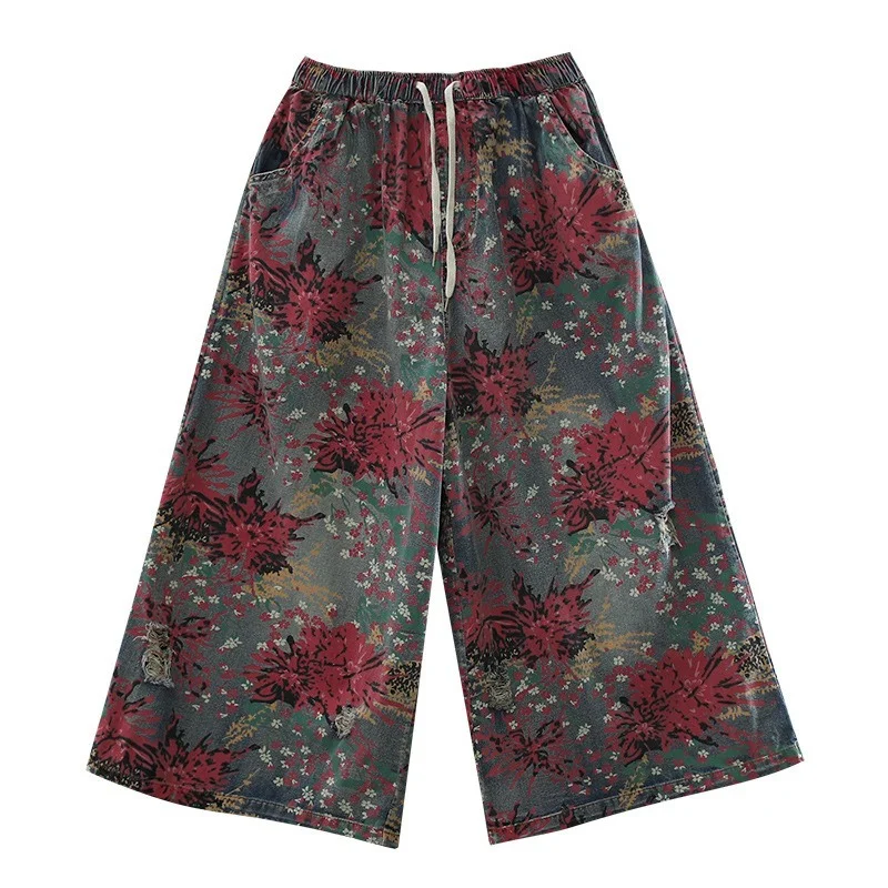 

Vintage Print Wide-leg Pants Women Summer New Mid Waist Lace Up Oversized Loose All-match Trousers Lugentolo