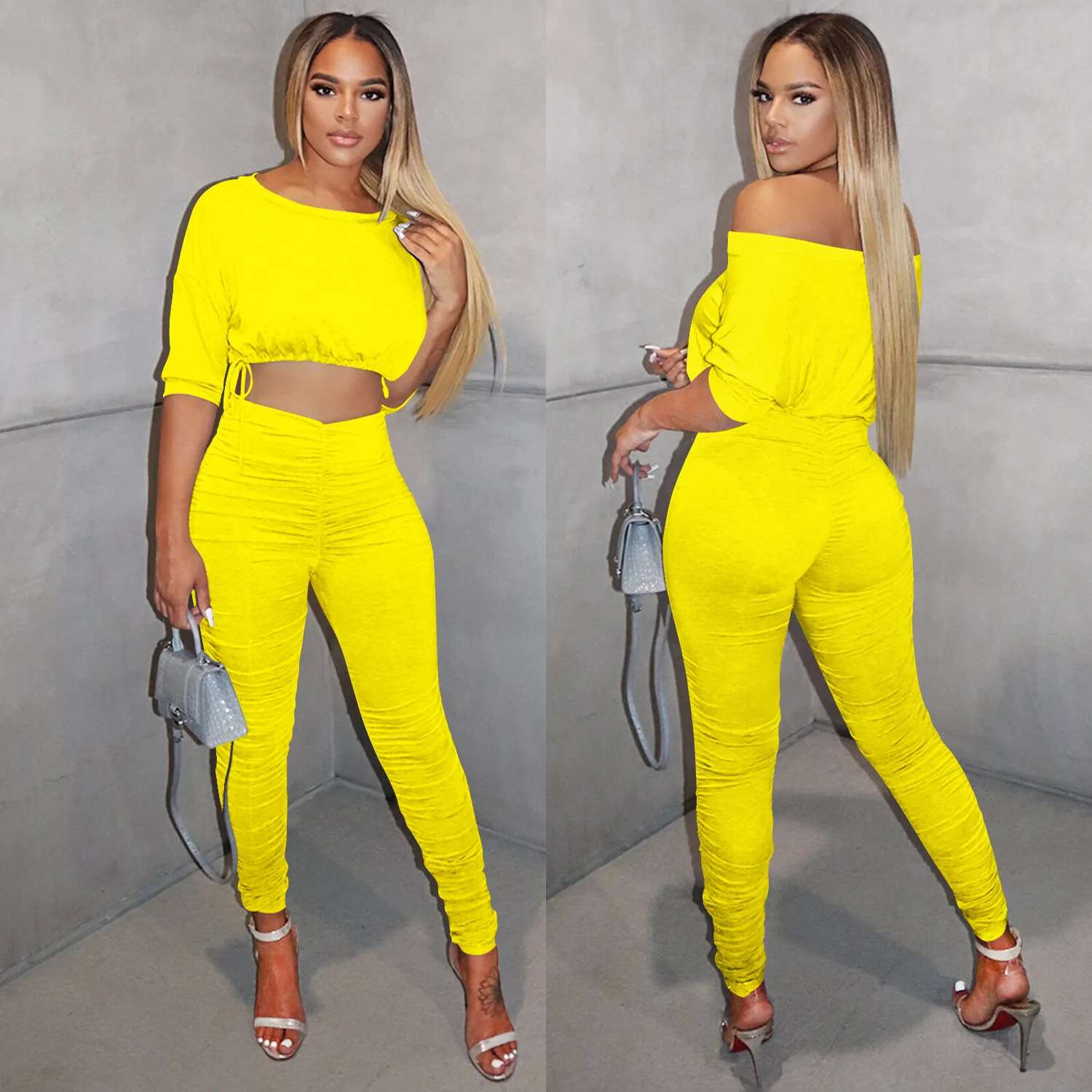 

HAOOHU 2020 new women's sets tracksuits sportwear fashion trends casual solid o-neck short tops tight slim pants 2-pc suits