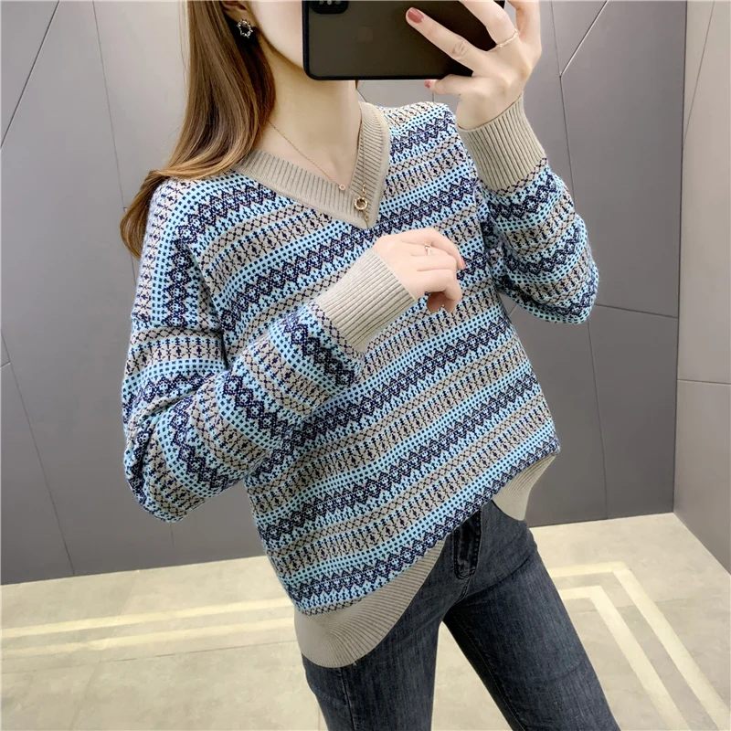 

New V-neck national stripe Pullover Sweater 34jd-17922 in autumn 2020