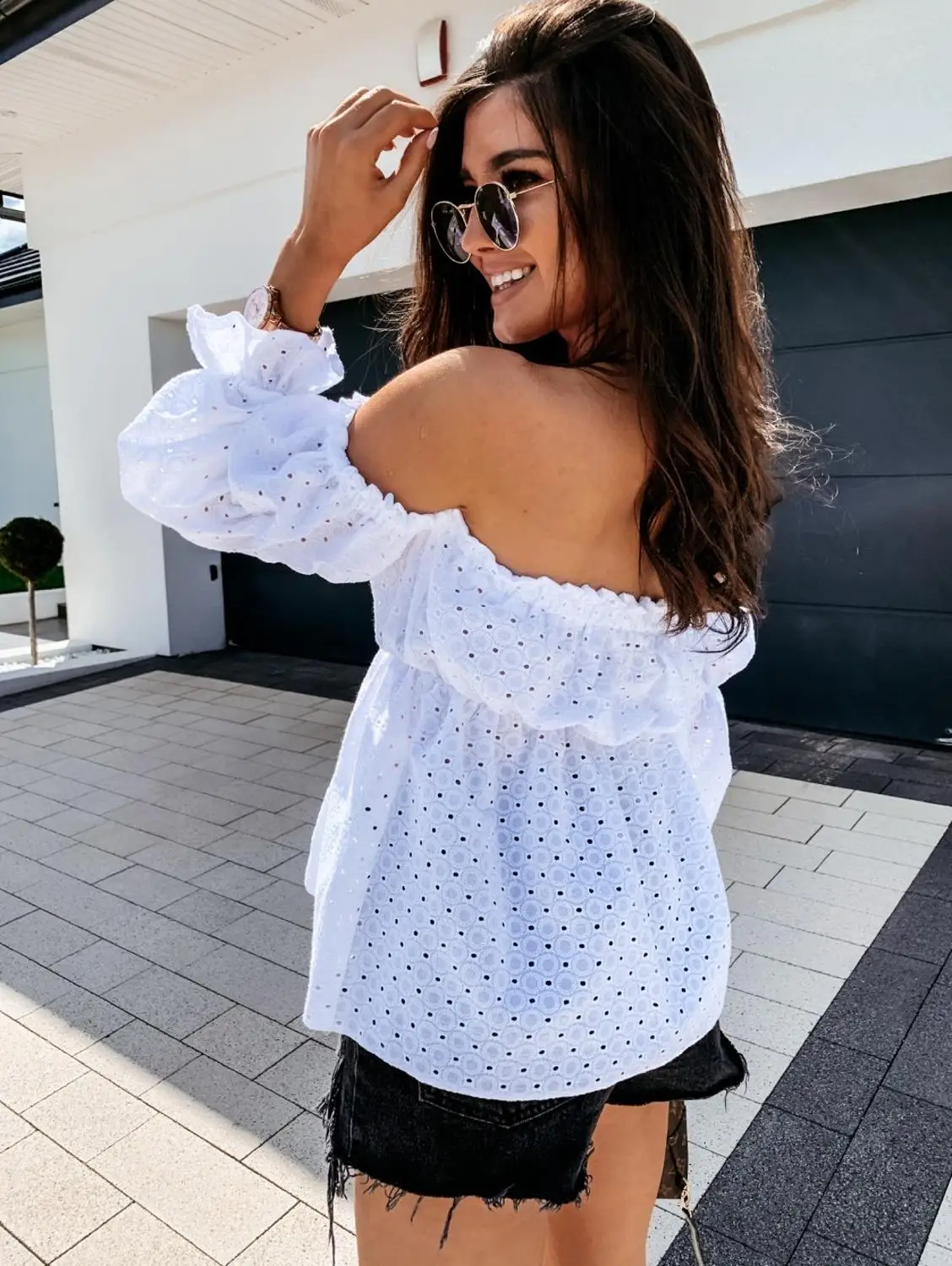 

Women Bohemian Slash Neck Lantern Sleeve Frill Short Tops