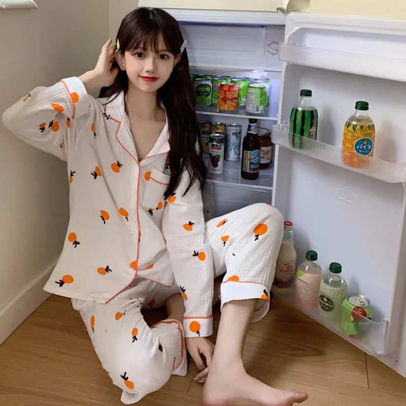 

XIFER Autumn New Women Pajamas Korean Ins Skin-friendly Sweet Girl Long-sleeved Trousers Pajamas Suit Home Wear Women Pajama Set