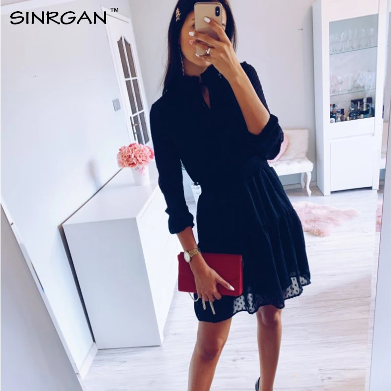 SINRGAN Черные зашнурвка мини платье женщины vestidos с длинным рукавом упругой талии