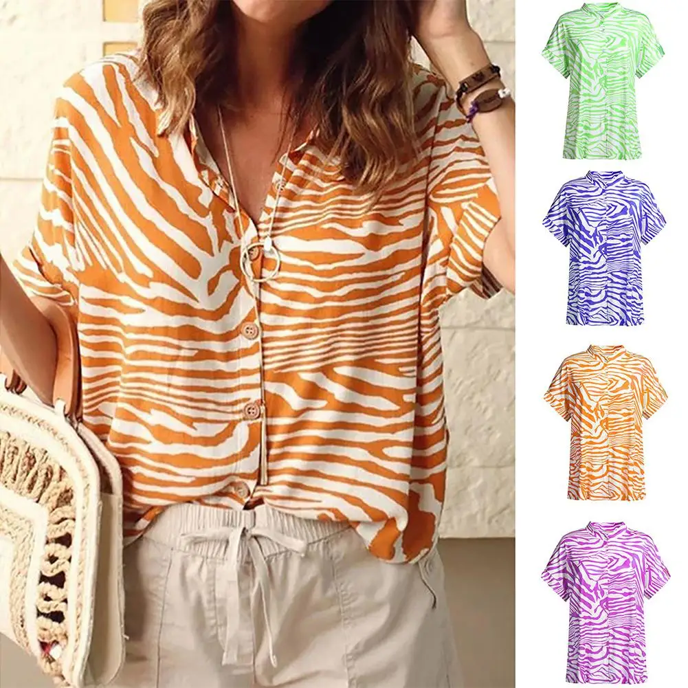 

Women Stripe Zebra-Stripe Collar Button Short Sleeve Loose Casual Leisure Top Shirt Blouse