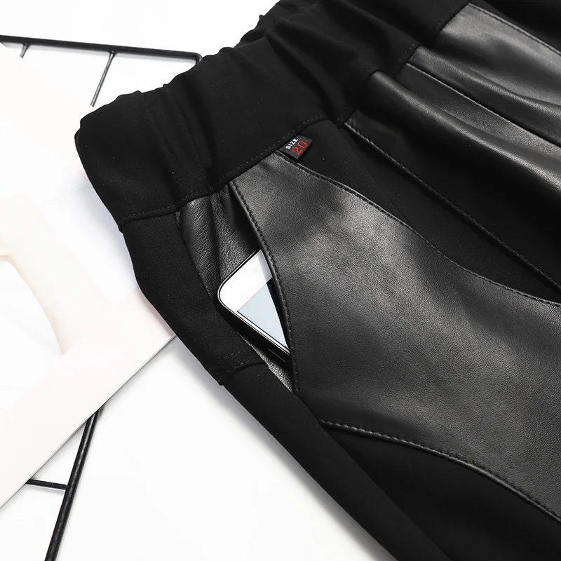 Stretch Real Leather pants Elastic Waist Genuine sheep Leather pant female Cloth Stitching Real Sheep Leather Pencil Pant F2370